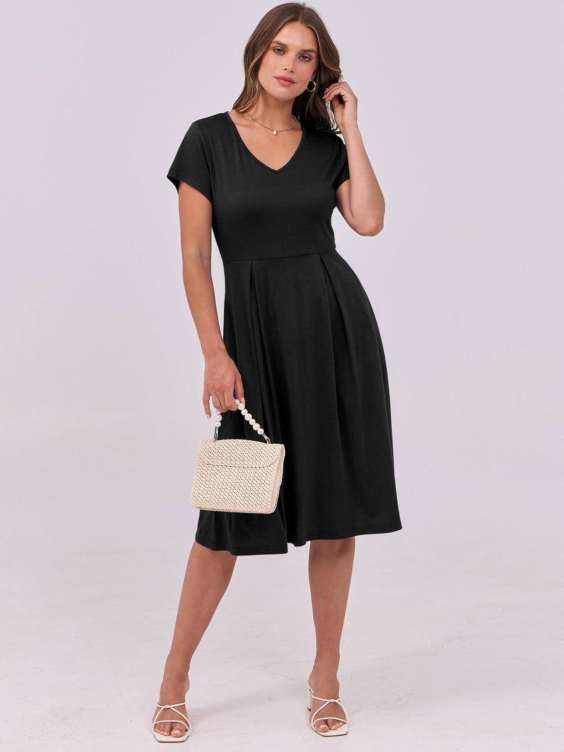 imageANRABESS Women Summer Dress Casual Short Sleeve V Neck ALine Knee Length Pleated Flowy 2025 Fashion Midi Dresses with PocketBlack