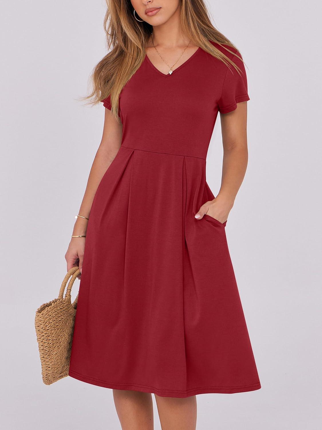 imageANRABESS Women Summer Dress Casual Short Sleeve V Neck ALine Knee Length Pleated Flowy 2025 Fashion Midi Dresses with PocketBurgundy