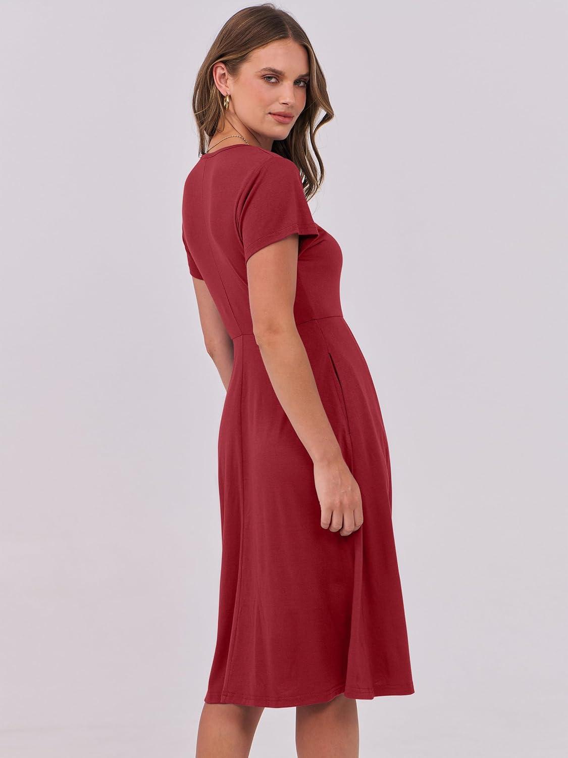 imageANRABESS Women Summer Dress Casual Short Sleeve V Neck ALine Knee Length Pleated Flowy 2025 Fashion Midi Dresses with PocketBurgundy