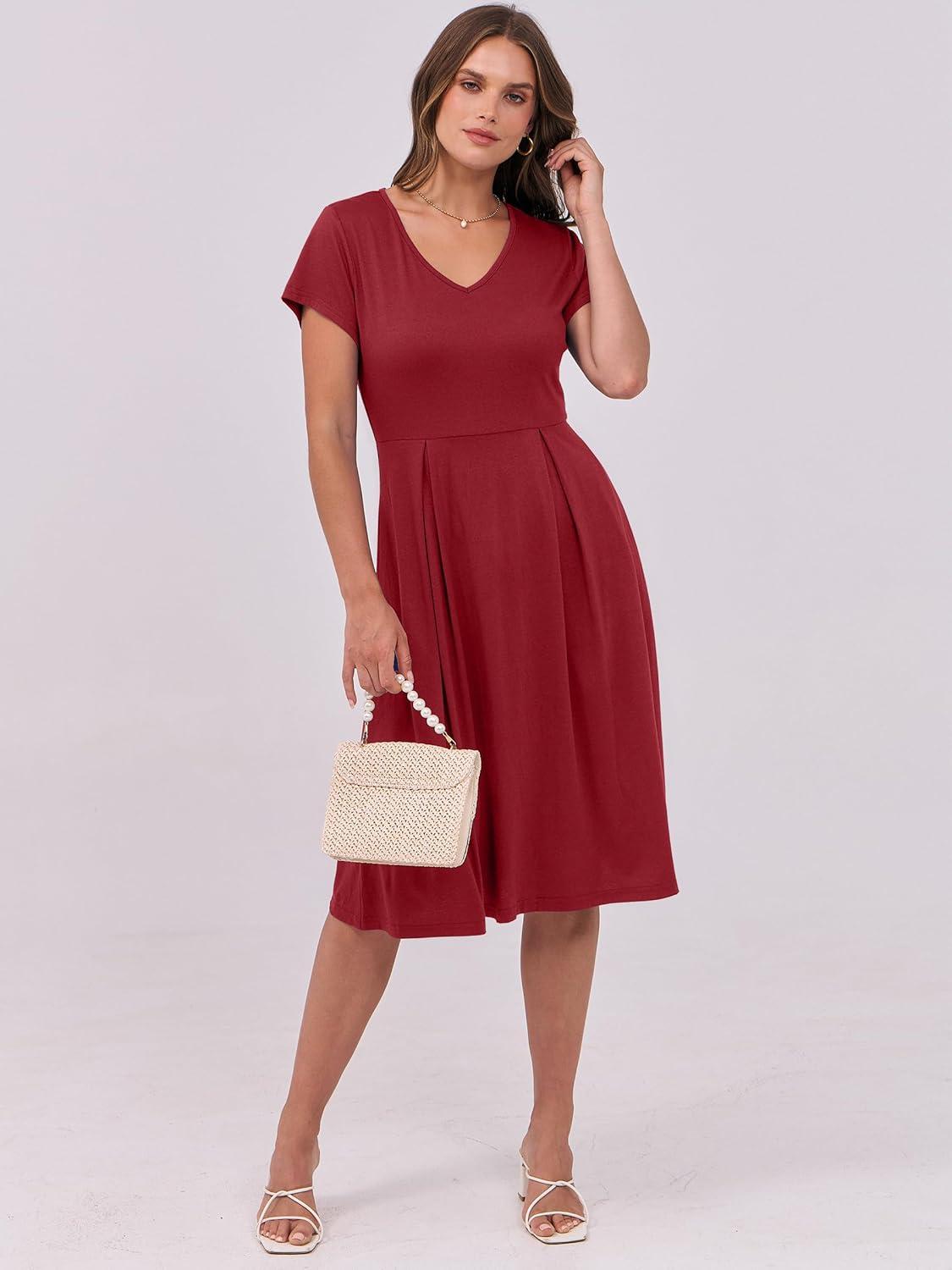 imageANRABESS Women Summer Dress Casual Short Sleeve V Neck ALine Knee Length Pleated Flowy 2025 Fashion Midi Dresses with PocketBurgundy