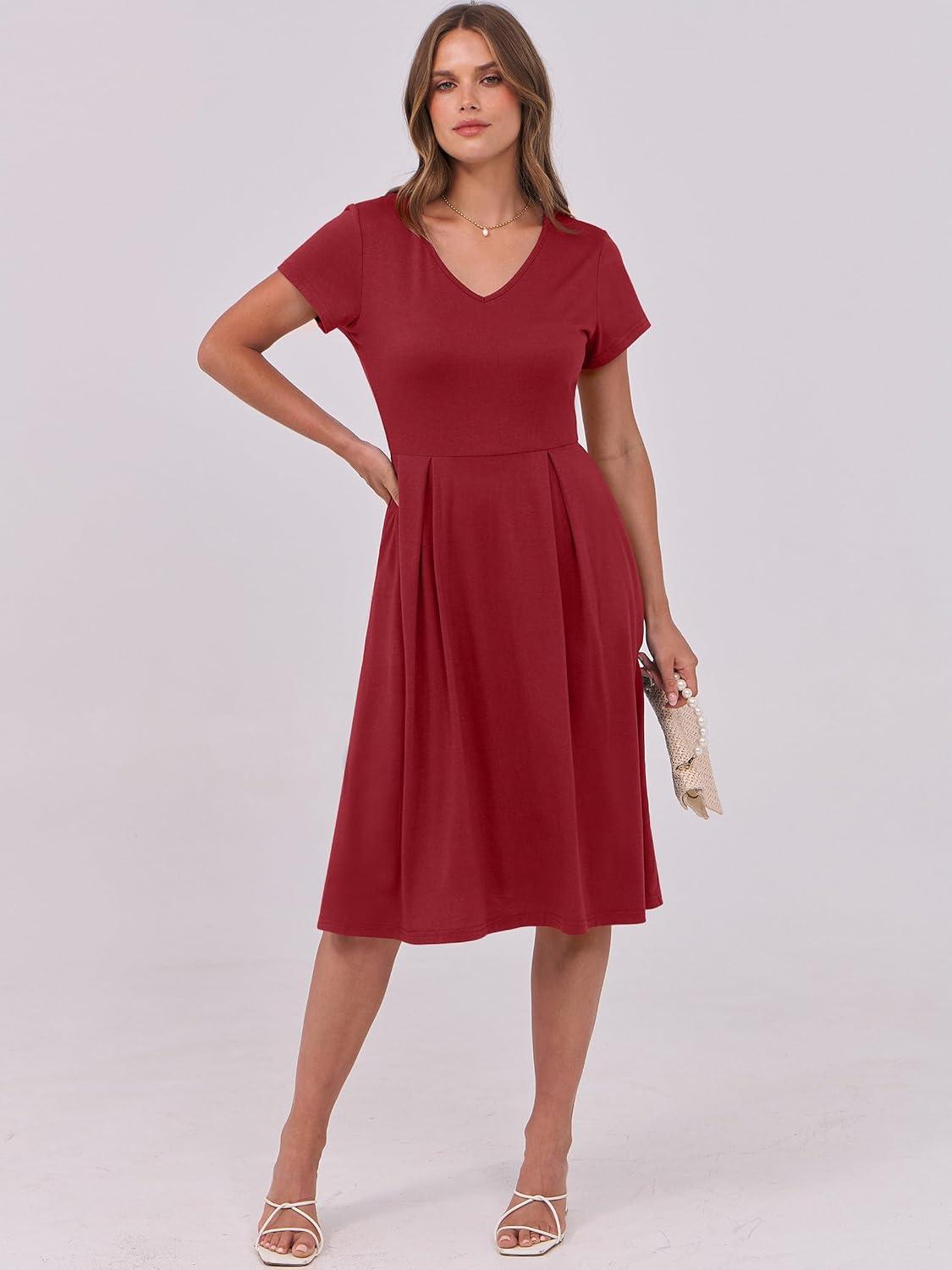 imageANRABESS Women Summer Dress Casual Short Sleeve V Neck ALine Knee Length Pleated Flowy 2025 Fashion Midi Dresses with PocketBurgundy