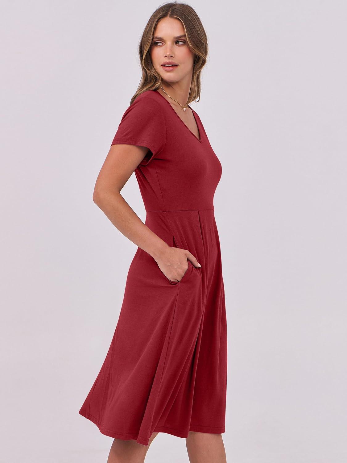 imageANRABESS Women Summer Dress Casual Short Sleeve V Neck ALine Knee Length Pleated Flowy 2025 Fashion Midi Dresses with PocketBurgundy