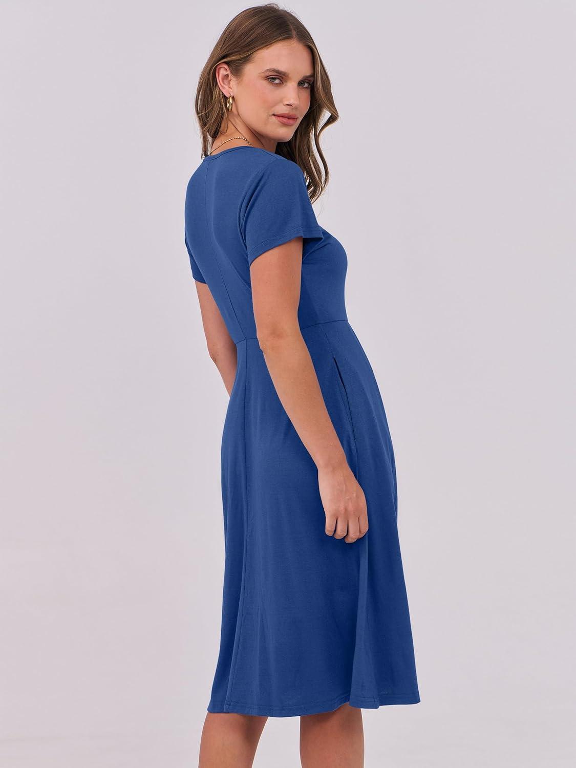 imageANRABESS Women Summer Dress Casual Short Sleeve V Neck ALine Knee Length Pleated Flowy 2025 Fashion Midi Dresses with PocketDark Blue