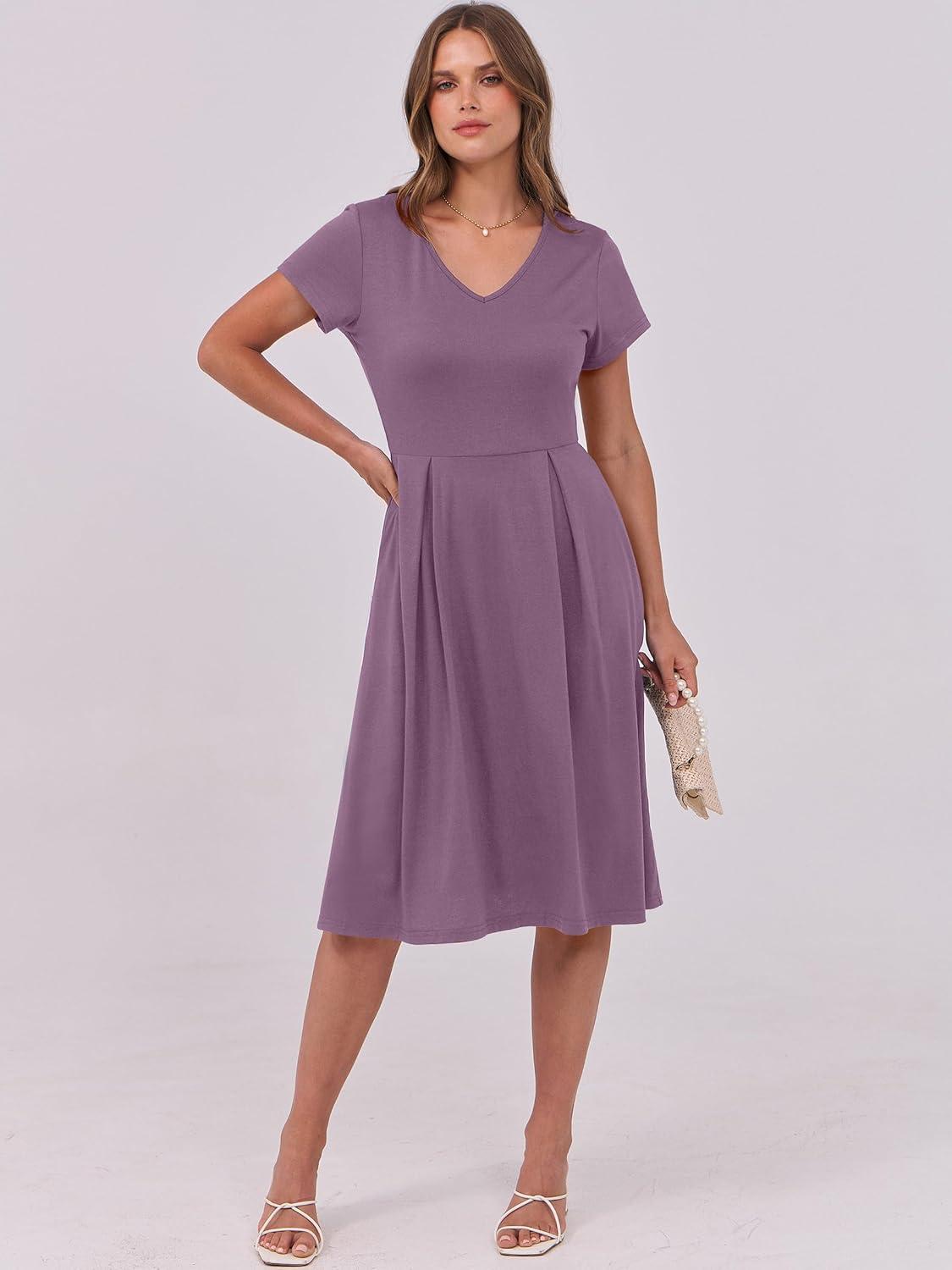 imageANRABESS Women Summer Dress Casual Short Sleeve V Neck ALine Knee Length Pleated Flowy 2025 Fashion Midi Dresses with PocketDark Purple