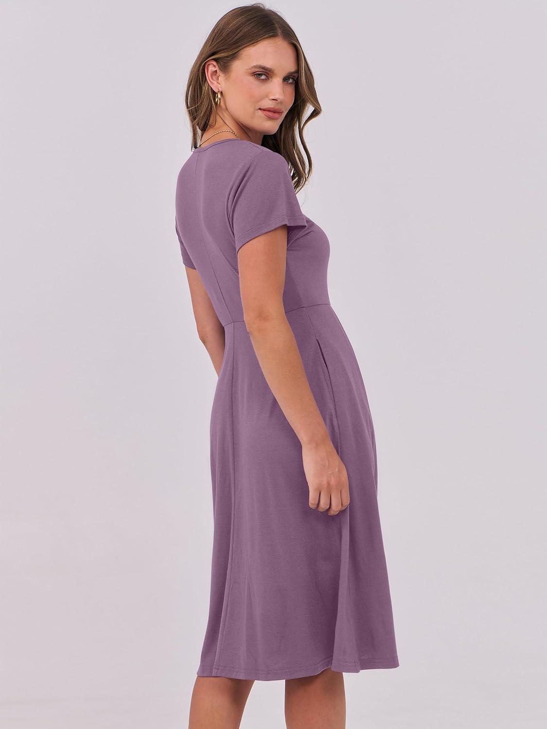 imageANRABESS Women Summer Dress Casual Short Sleeve V Neck ALine Knee Length Pleated Flowy 2025 Fashion Midi Dresses with PocketDark Purple