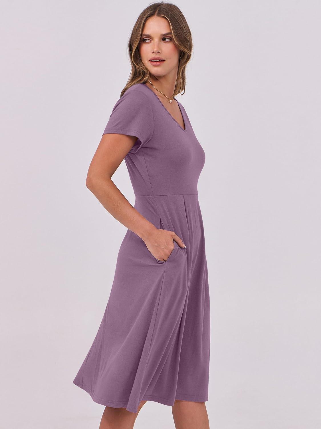 imageANRABESS Women Summer Dress Casual Short Sleeve V Neck ALine Knee Length Pleated Flowy 2025 Fashion Midi Dresses with PocketDark Purple