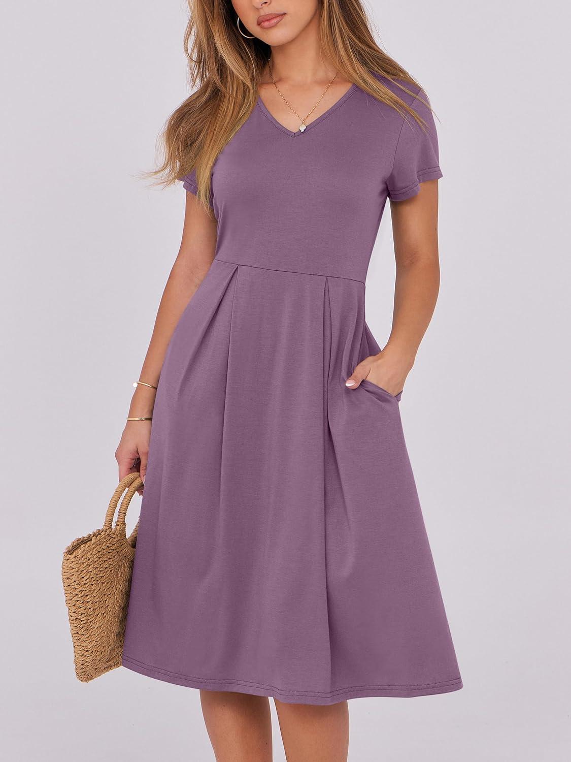 imageANRABESS Women Summer Dress Casual Short Sleeve V Neck ALine Knee Length Pleated Flowy 2025 Fashion Midi Dresses with PocketDark Purple