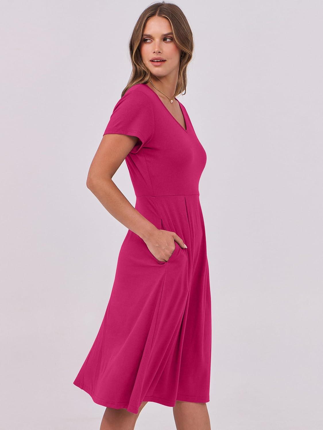 imageANRABESS Women Summer Dress Casual Short Sleeve V Neck ALine Knee Length Pleated Flowy 2025 Fashion Midi Dresses with PocketHot Pink