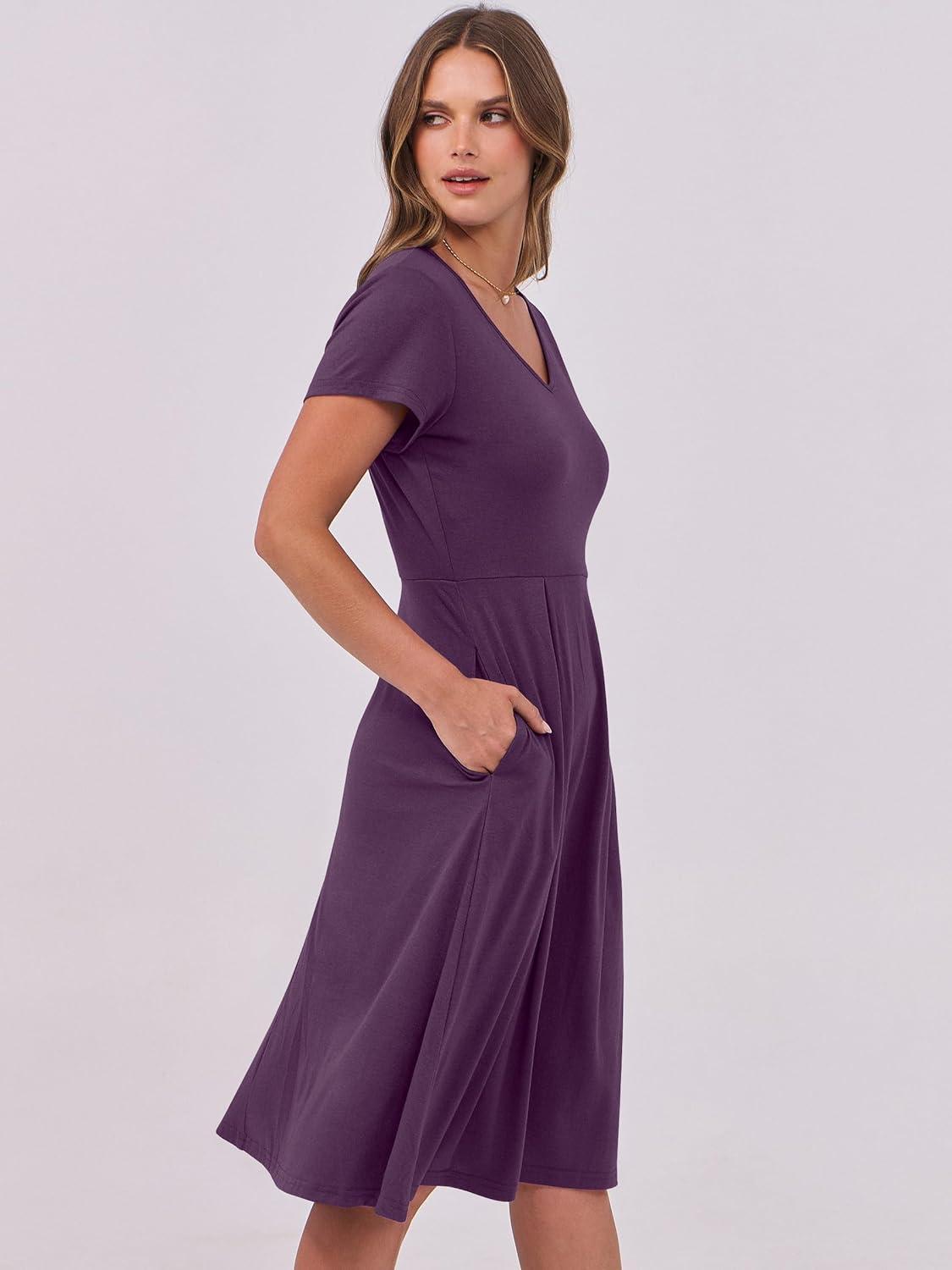imageANRABESS Women Summer Dress Casual Short Sleeve V Neck ALine Knee Length Pleated Flowy 2025 Fashion Midi Dresses with PocketPurple