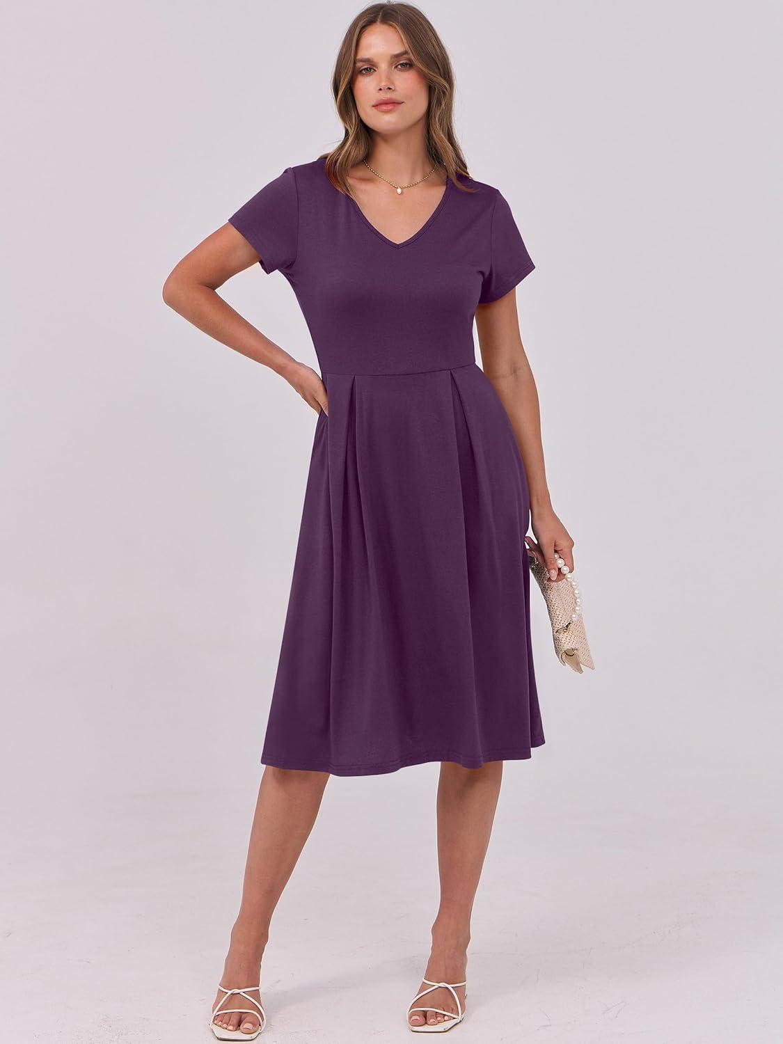 imageANRABESS Women Summer Dress Casual Short Sleeve V Neck ALine Knee Length Pleated Flowy 2025 Fashion Midi Dresses with PocketPurple