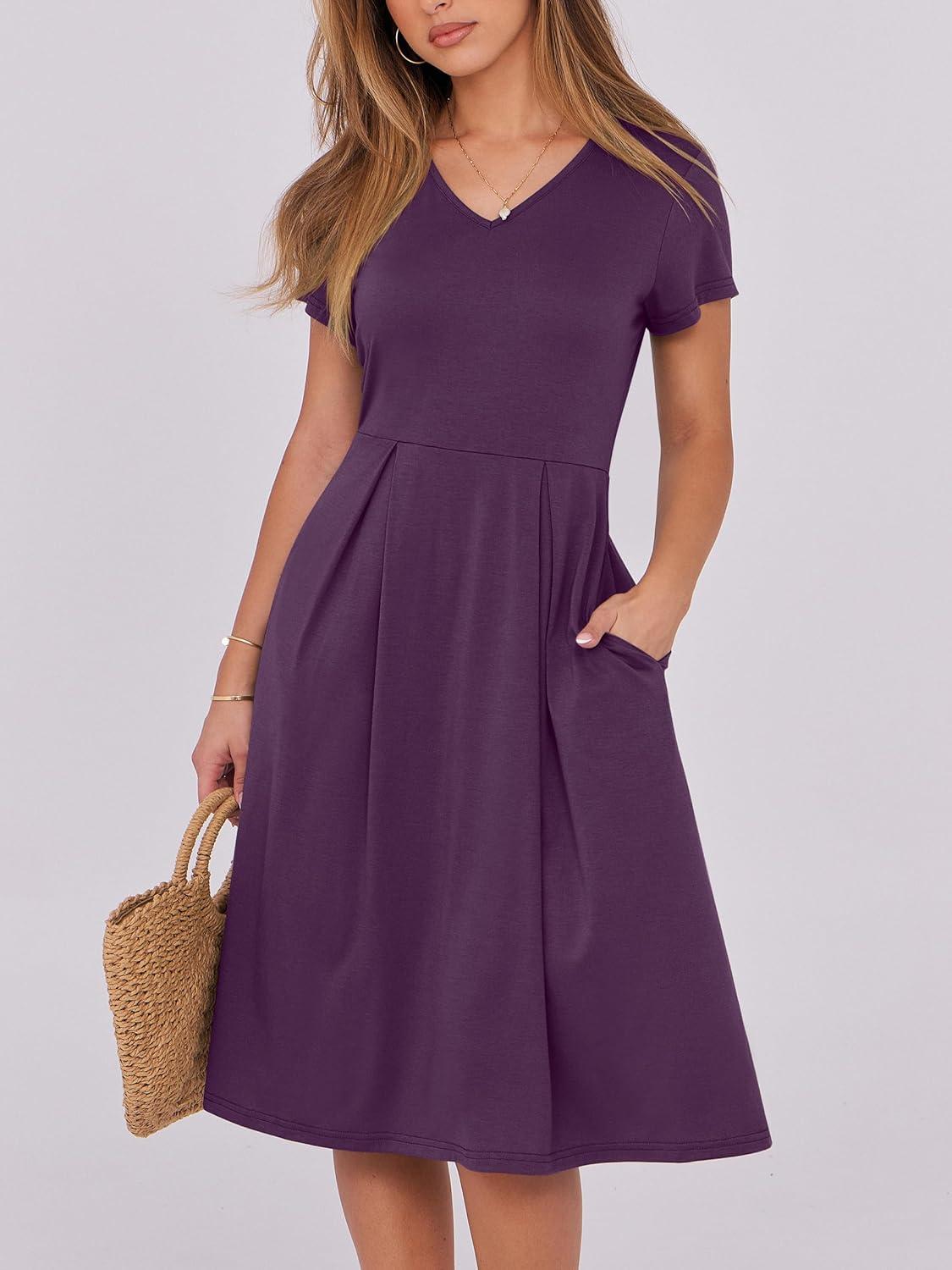 imageANRABESS Women Summer Dress Casual Short Sleeve V Neck ALine Knee Length Pleated Flowy 2025 Fashion Midi Dresses with PocketPurple