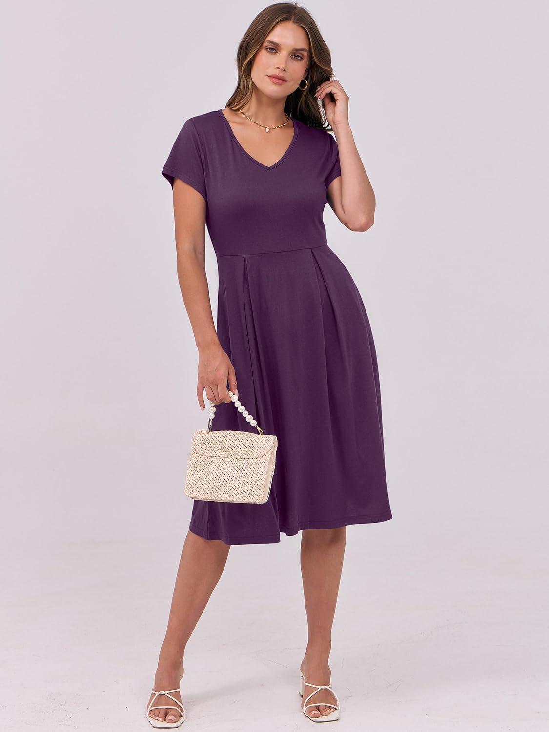 imageANRABESS Women Summer Dress Casual Short Sleeve V Neck ALine Knee Length Pleated Flowy 2025 Fashion Midi Dresses with PocketPurple