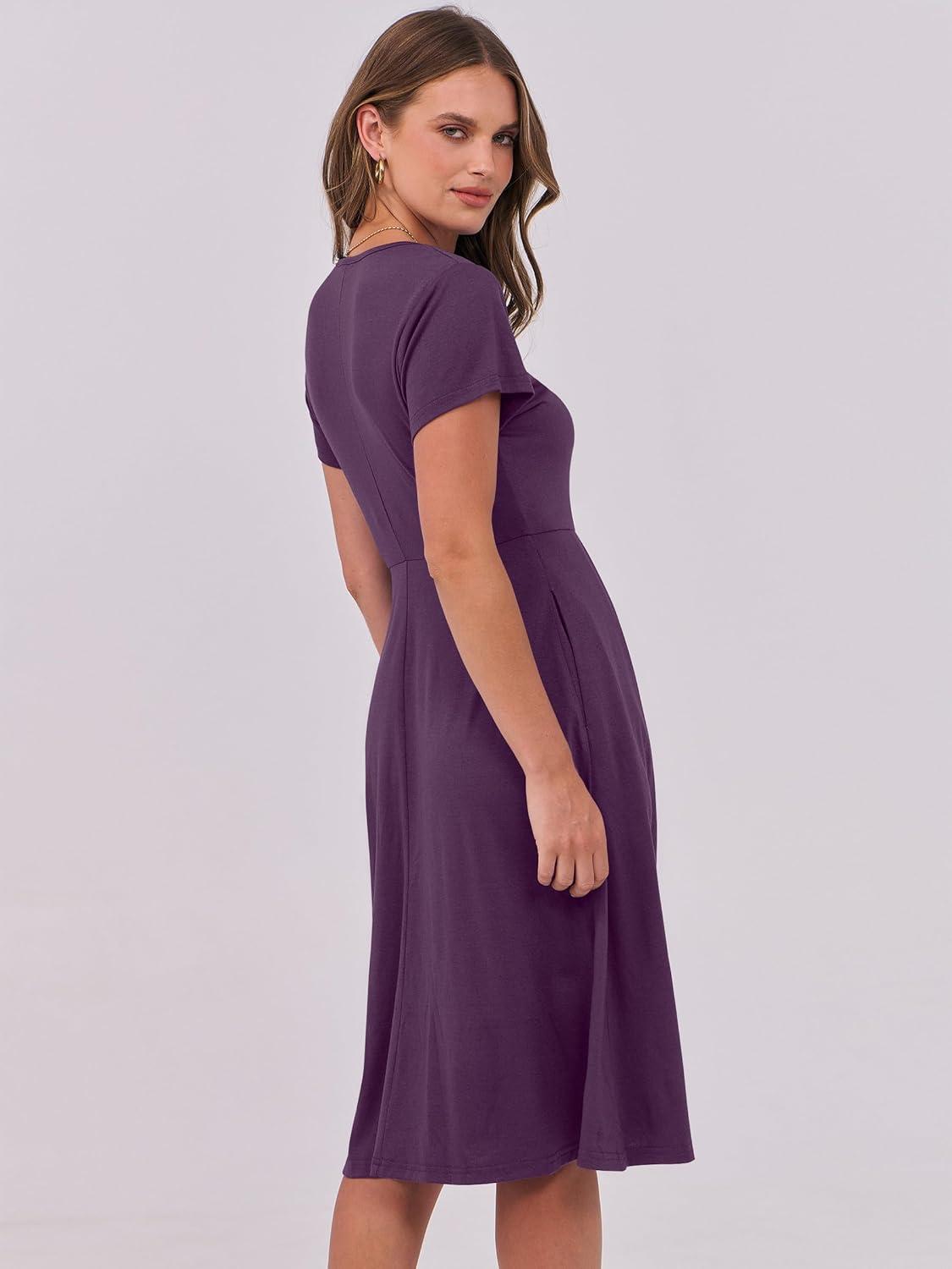 imageANRABESS Women Summer Dress Casual Short Sleeve V Neck ALine Knee Length Pleated Flowy 2025 Fashion Midi Dresses with PocketPurple