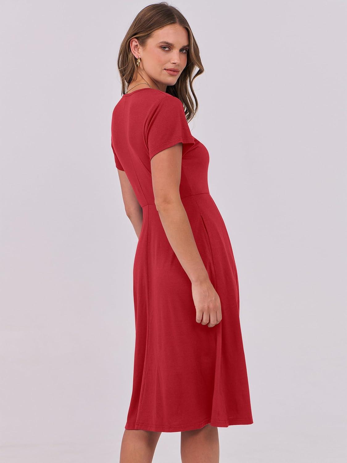 imageANRABESS Women Summer Dress Casual Short Sleeve V Neck ALine Knee Length Pleated Flowy 2025 Fashion Midi Dresses with PocketRed