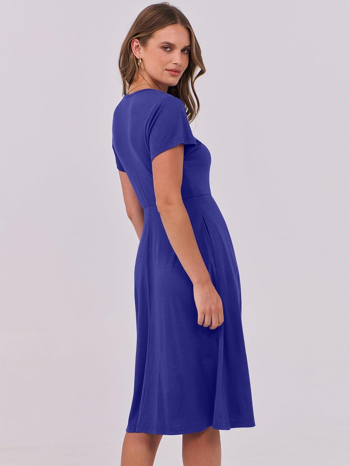 imageANRABESS Women Summer Dress Casual Short Sleeve V Neck ALine Knee Length Pleated Flowy 2025 Fashion Midi Dresses with PocketRoyal Blue