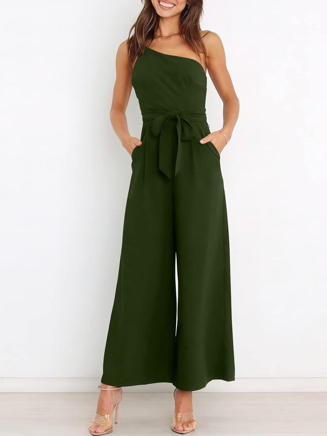 imageANRABESS Women Summer Dressy Jumpsuits One Shoulder Sleeveless Casual Wide Leg Pants Romper Jumper 2025 Trendy OutfitsArmy Green