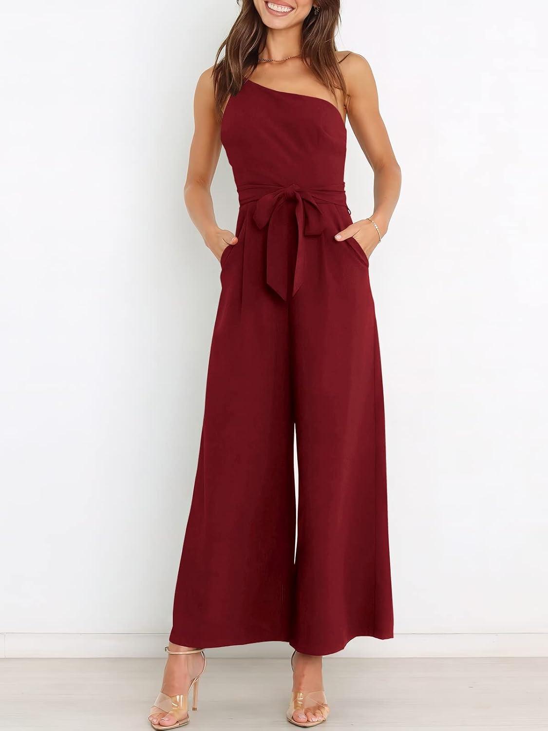 imageANRABESS Women Summer Dressy Jumpsuits One Shoulder Sleeveless Casual Wide Leg Pants Romper Jumper 2025 Trendy OutfitsWine Red