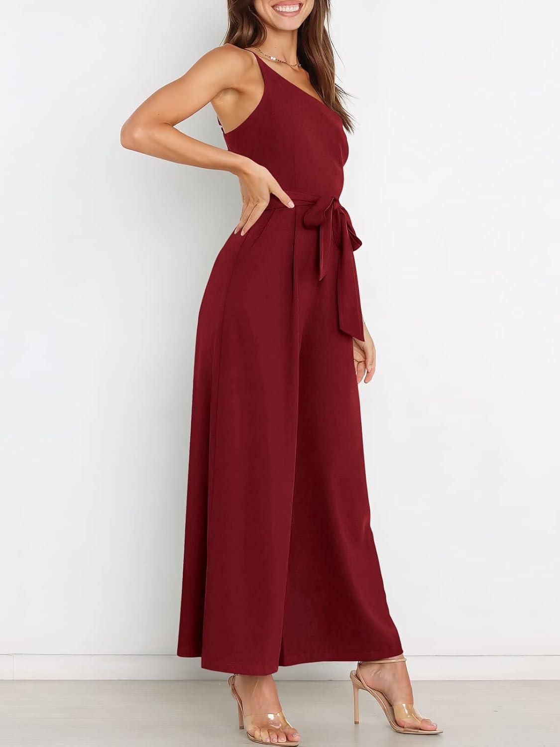 imageANRABESS Women Summer Dressy Jumpsuits One Shoulder Sleeveless Casual Wide Leg Pants Romper Jumper 2025 Trendy OutfitsWine Red