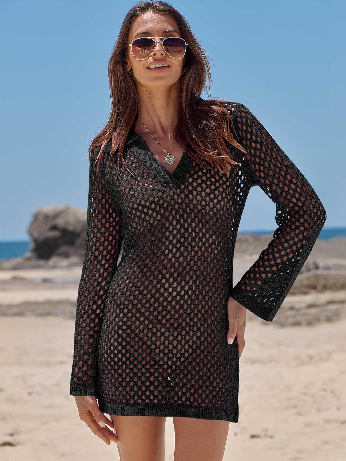 imageANRABESS Women Swimsuit Crochet Swim Cover Up Summer Bathing Suit Swimwear Polo V Neck Mesh Knit Beach Dress Vacation OutfitsBlack