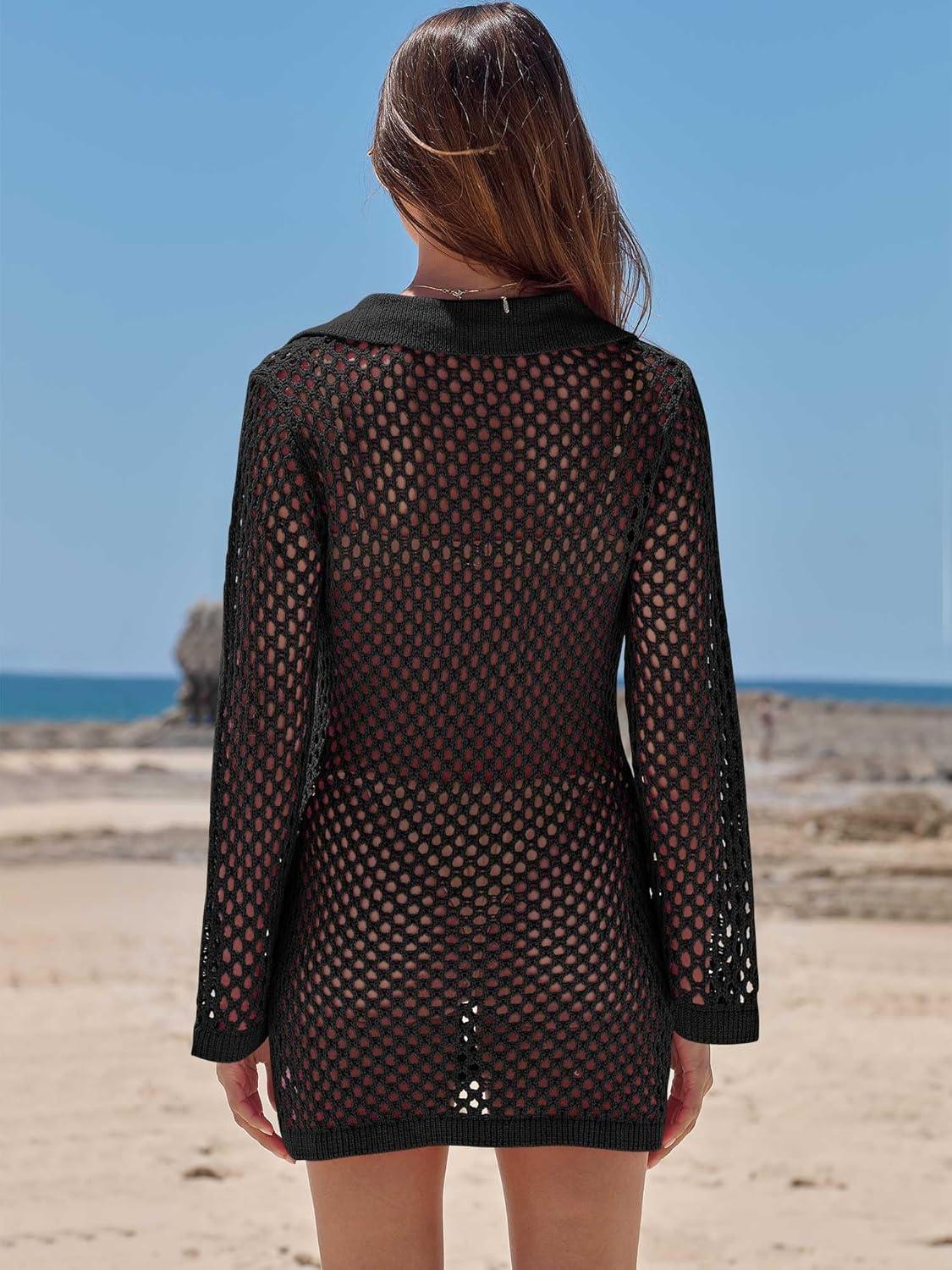 imageANRABESS Women Swimsuit Crochet Swim Cover Up Summer Bathing Suit Swimwear Polo V Neck Mesh Knit Beach Dress Vacation OutfitsBlack