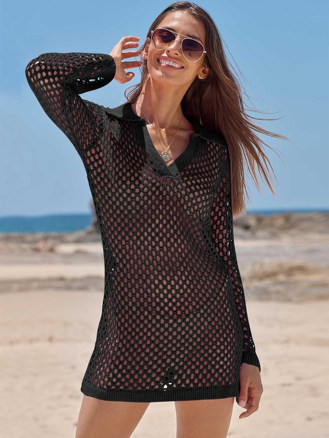 imageANRABESS Women Swimsuit Crochet Swim Cover Up Summer Bathing Suit Swimwear Polo V Neck Mesh Knit Beach Dress Vacation OutfitsBlack