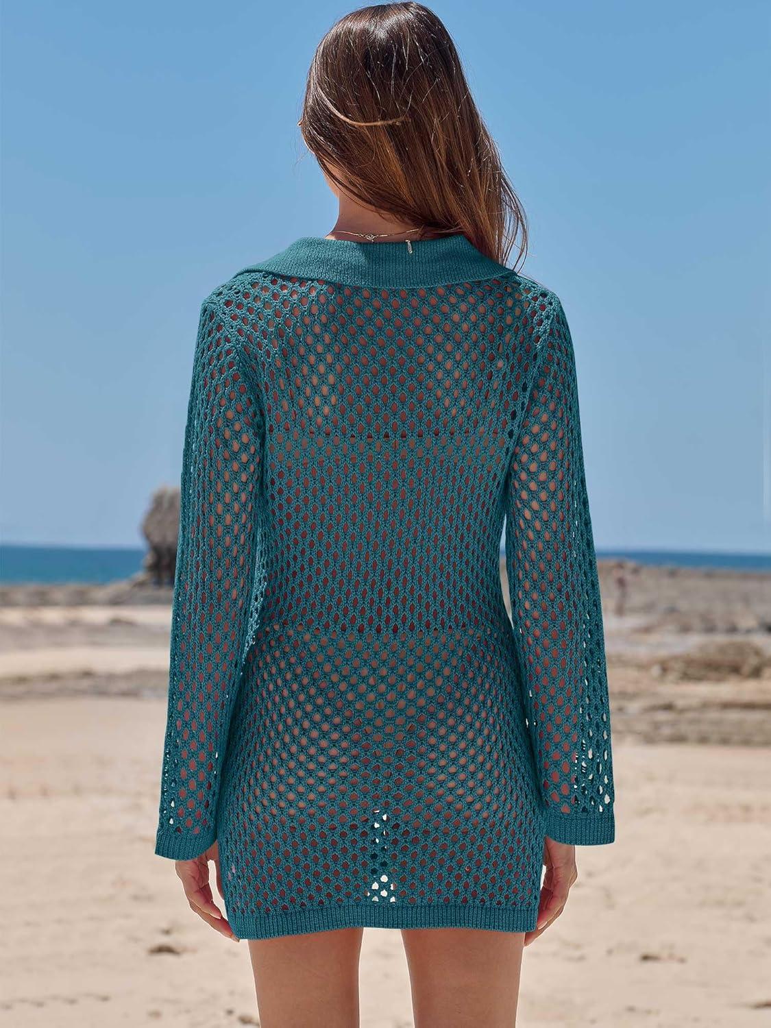 imageANRABESS Women Swimsuit Crochet Swim Cover Up Summer Bathing Suit Swimwear Polo V Neck Mesh Knit Beach Dress Vacation OutfitsCyan