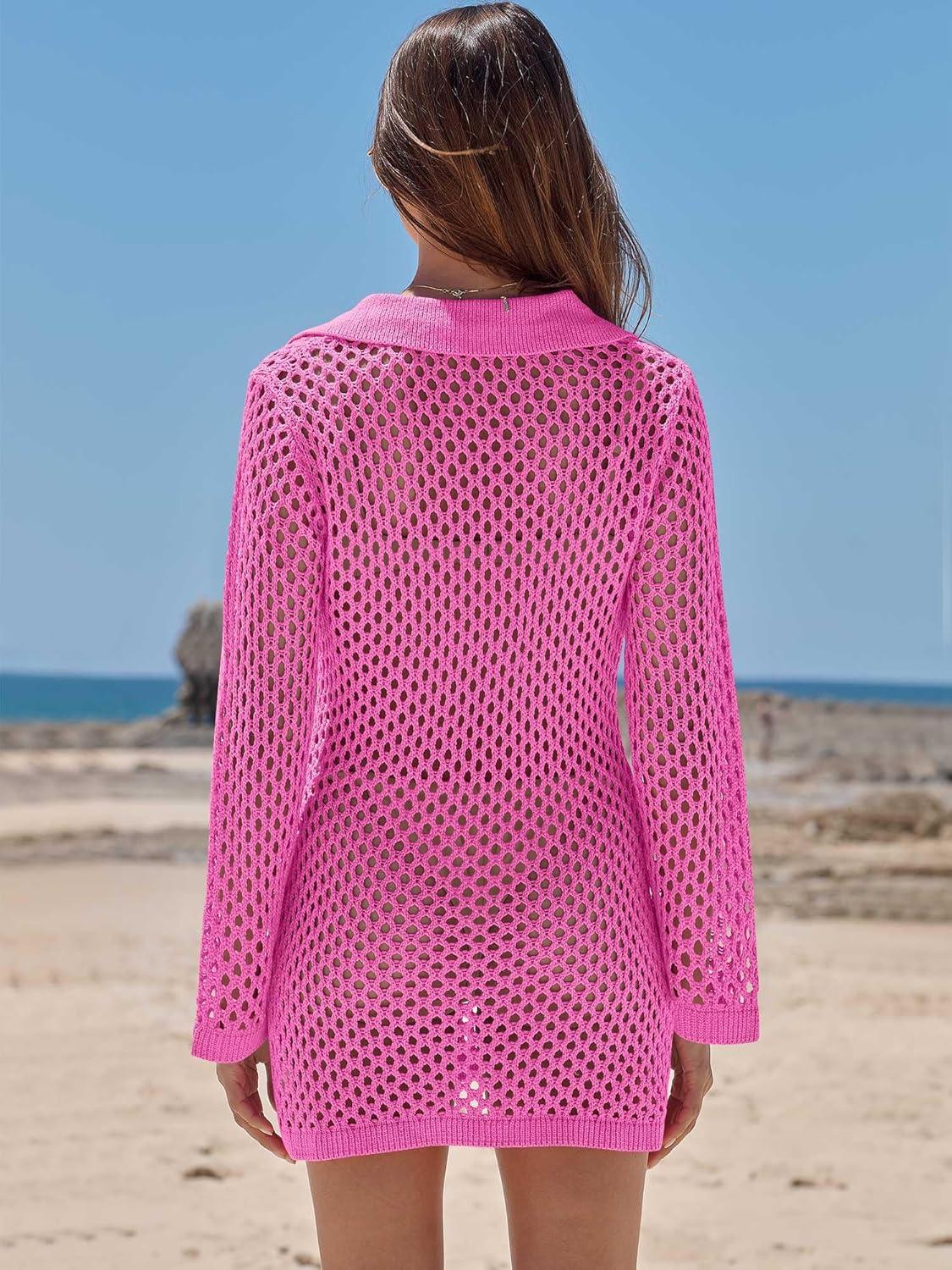 imageANRABESS Women Swimsuit Crochet Swim Cover Up Summer Bathing Suit Swimwear Polo V Neck Mesh Knit Beach Dress Vacation OutfitsHot Pink