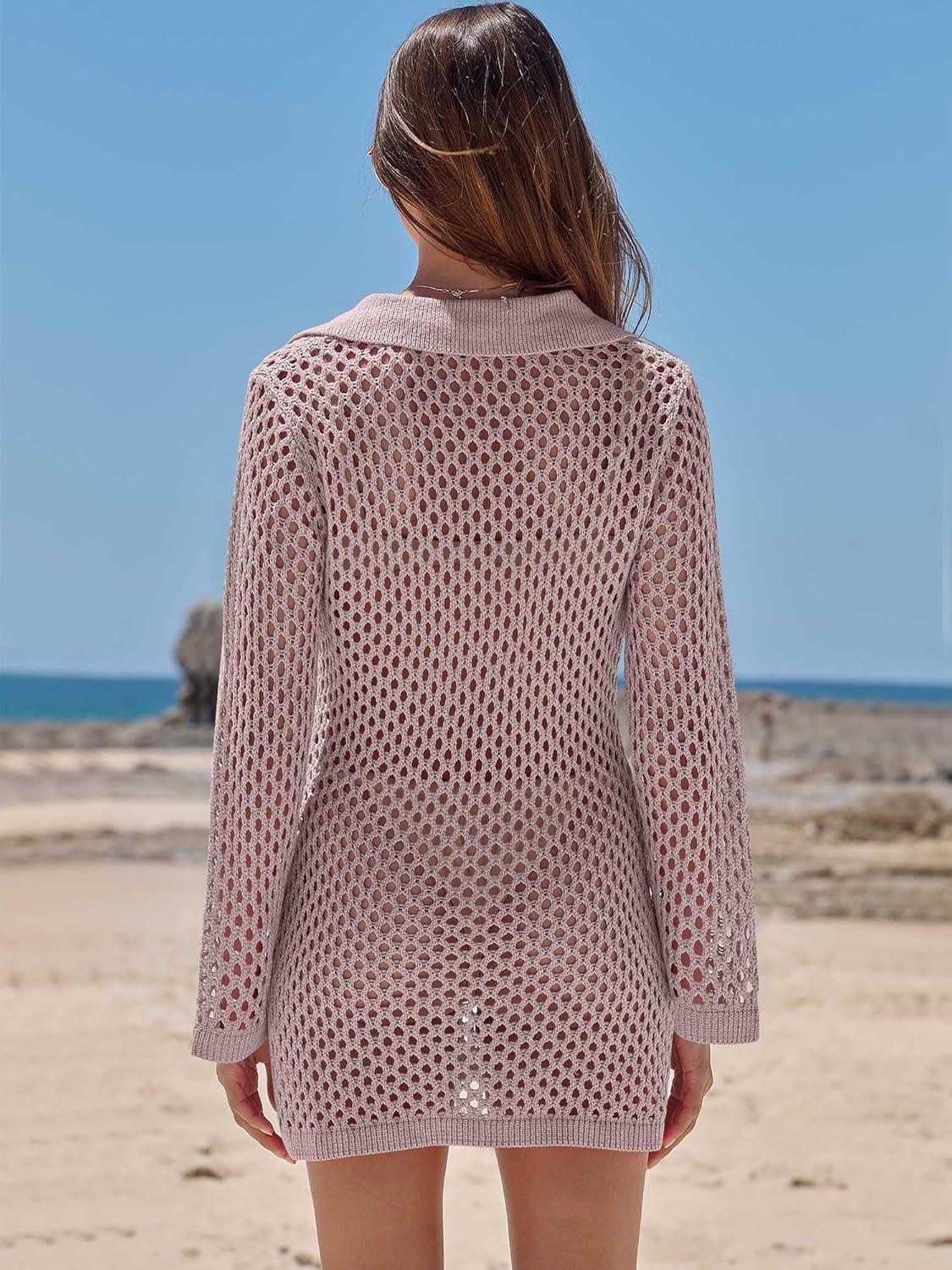 imageANRABESS Women Swimsuit Crochet Swim Cover Up Summer Bathing Suit Swimwear Polo V Neck Mesh Knit Beach Dress Vacation OutfitsLight Pink