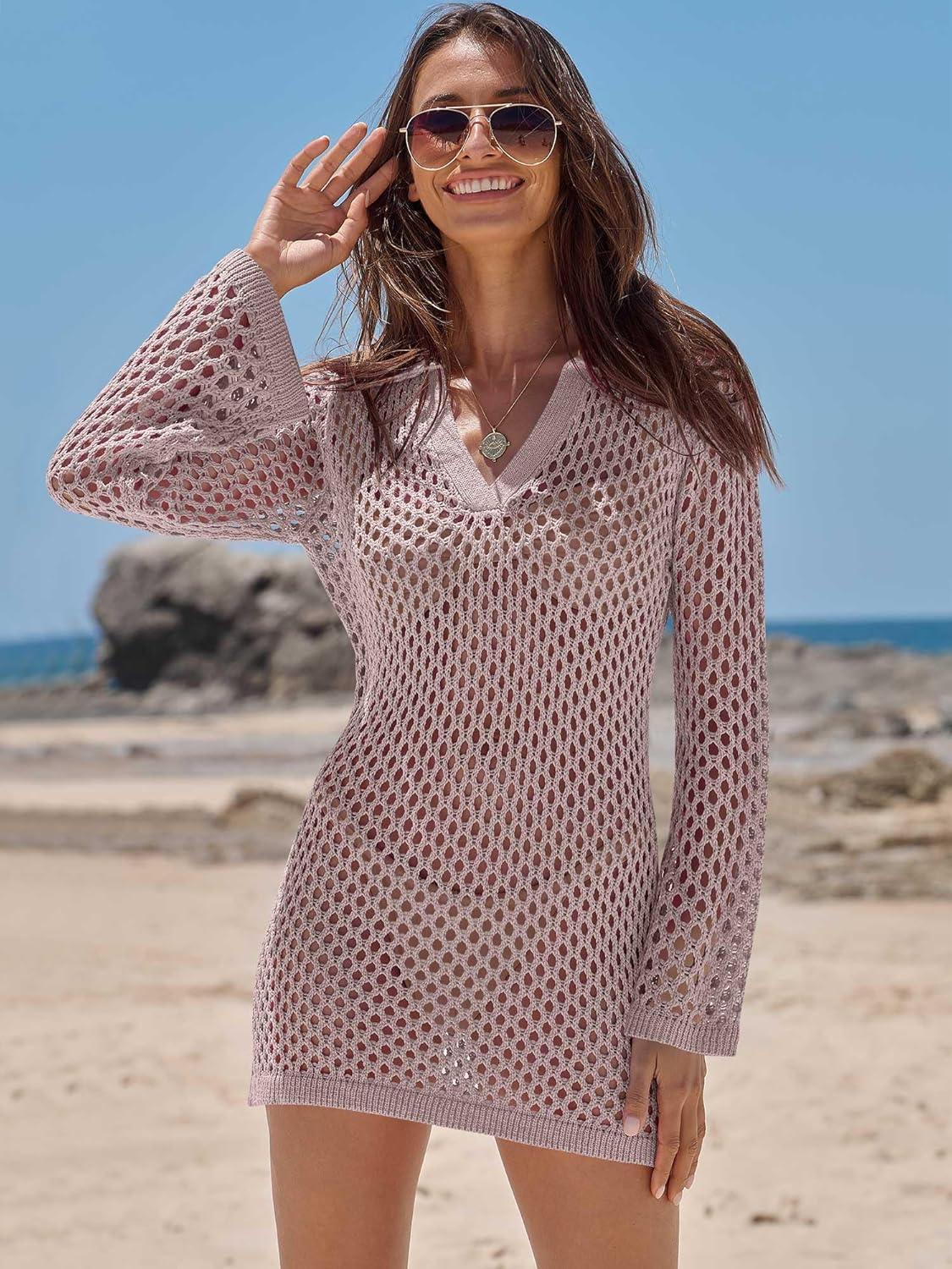 imageANRABESS Women Swimsuit Crochet Swim Cover Up Summer Bathing Suit Swimwear Polo V Neck Mesh Knit Beach Dress Vacation OutfitsLight Pink