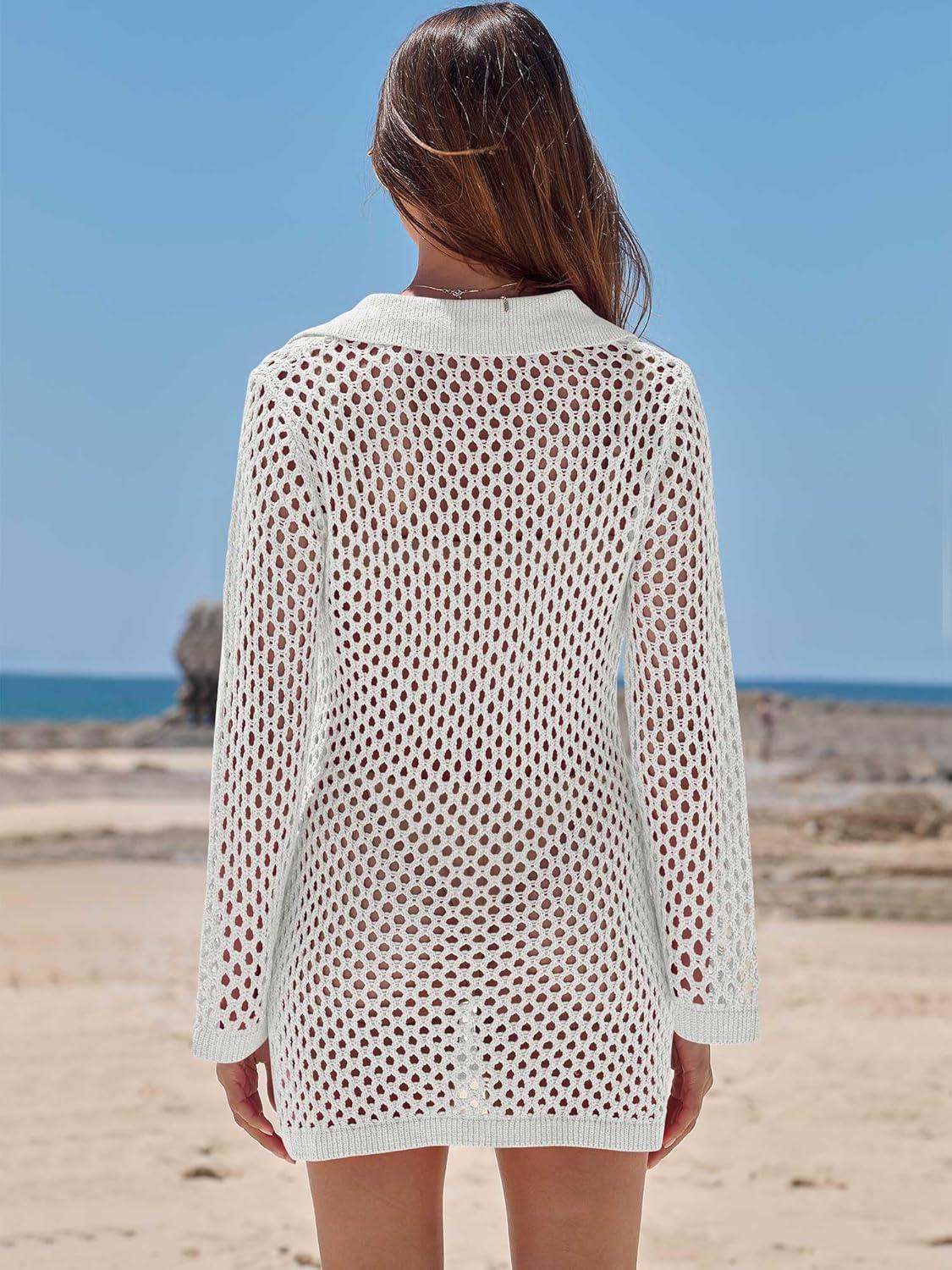 imageANRABESS Women Swimsuit Crochet Swim Cover Up Summer Bathing Suit Swimwear Polo V Neck Mesh Knit Beach Dress Vacation OutfitsWhite