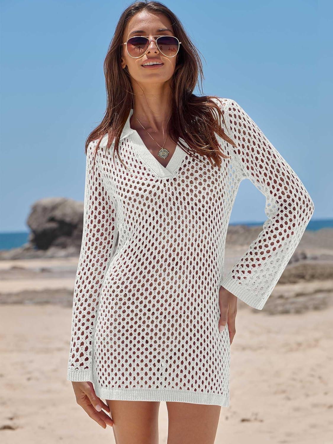 imageANRABESS Women Swimsuit Crochet Swim Cover Up Summer Bathing Suit Swimwear Polo V Neck Mesh Knit Beach Dress Vacation OutfitsWhite