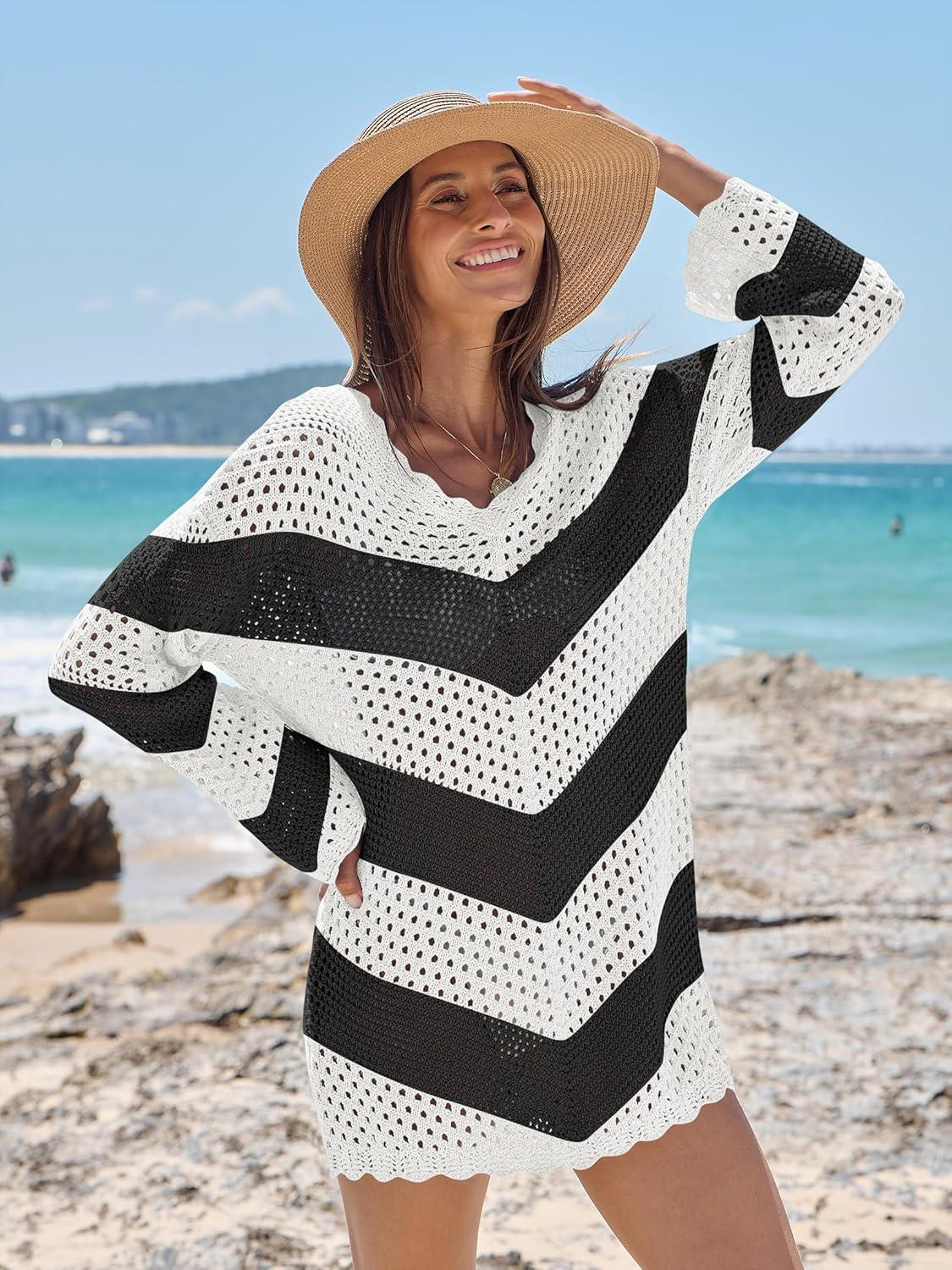 imageANRABESS Women Swimsuit Crochet Swim Cover Up Summer Bathing Suit Swimwear V Neck Mesh Knit Beach Dress 2025 Vacation OutfitsChevron Black White Stripes