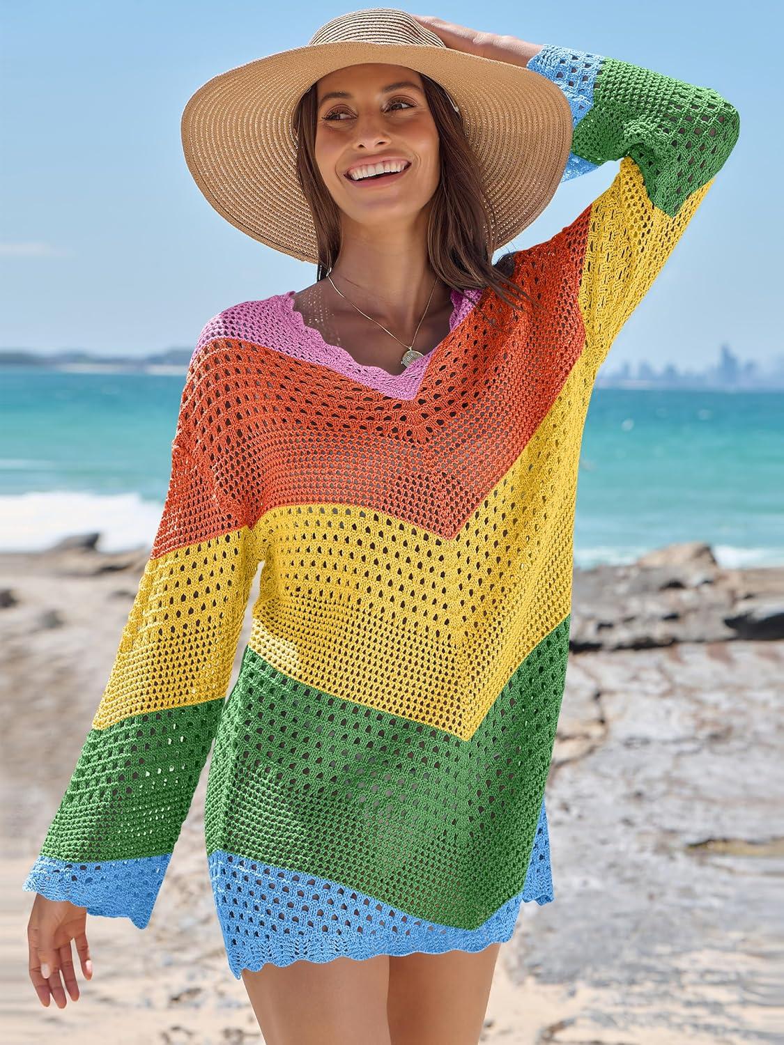 imageANRABESS Women Swimsuit Crochet Swim Cover Up Summer Bathing Suit Swimwear V Neck Mesh Knit Beach Dress 2025 Vacation OutfitsChevron Rainbow Stripes 2
