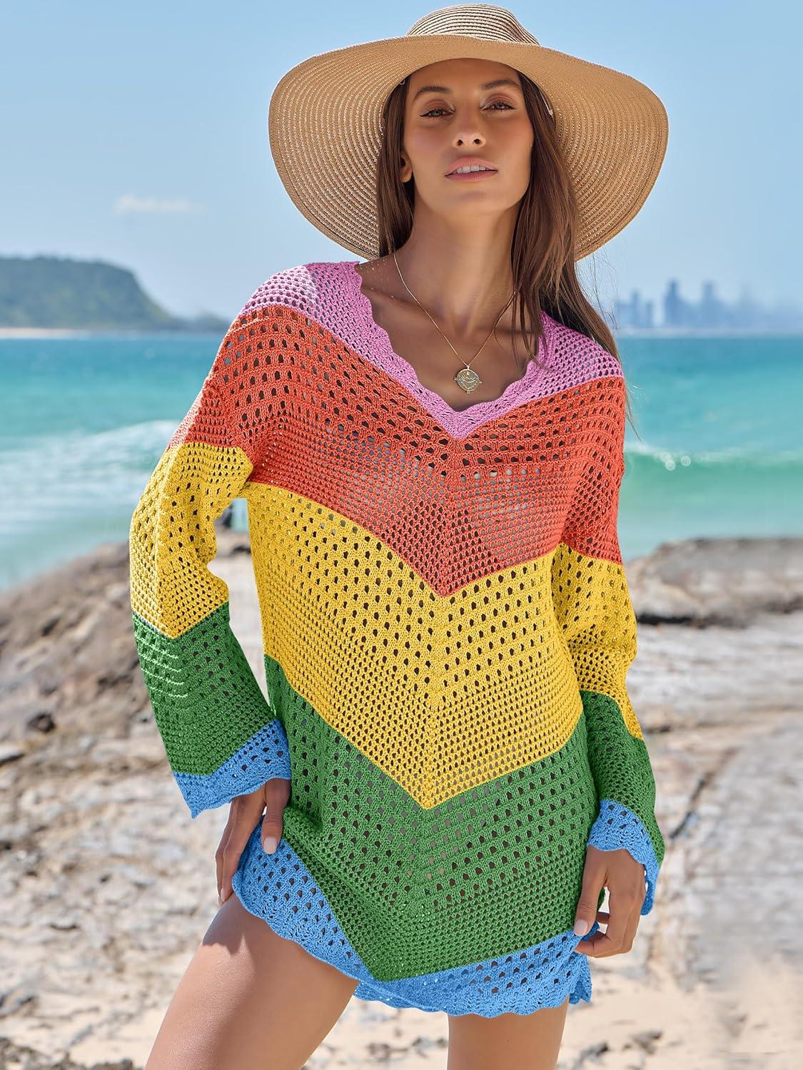 imageANRABESS Women Swimsuit Crochet Swim Cover Up Summer Bathing Suit Swimwear V Neck Mesh Knit Beach Dress 2025 Vacation OutfitsChevron Rainbow Stripes 2
