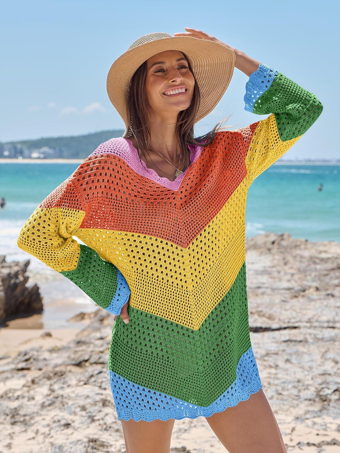 imageANRABESS Women Swimsuit Crochet Swim Cover Up Summer Bathing Suit Swimwear V Neck Mesh Knit Beach Dress 2025 Vacation OutfitsChevron Rainbow Stripes 2