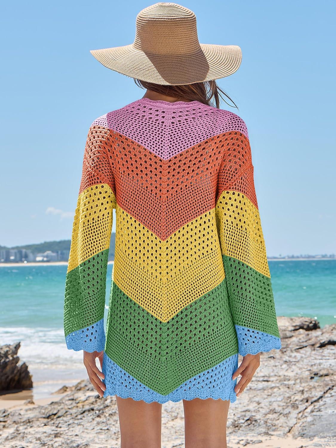 imageANRABESS Women Swimsuit Crochet Swim Cover Up Summer Bathing Suit Swimwear V Neck Mesh Knit Beach Dress 2025 Vacation OutfitsChevron Rainbow Stripes 2