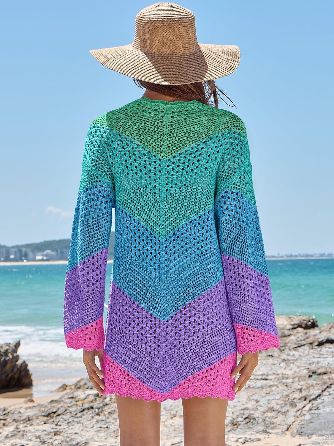 imageANRABESS Women Swimsuit Crochet Swim Cover Up Summer Bathing Suit Swimwear V Neck Mesh Knit Beach Dress 2025 Vacation OutfitsChevron Rainbow Stripes