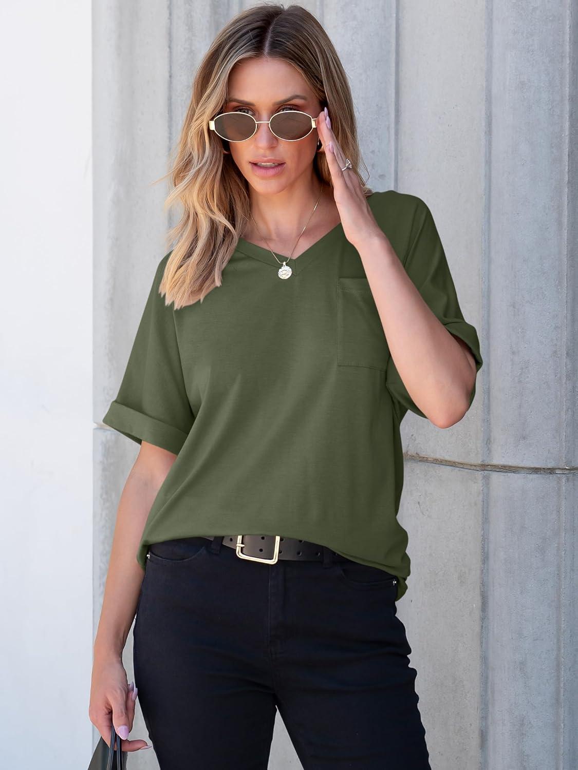 imageANRABESS Women T Shirts Oversized Short Sleeve V Neck 2025 Summer Casual Loose Tops Basic Tee Shirts Outfits with PocketArmy Green