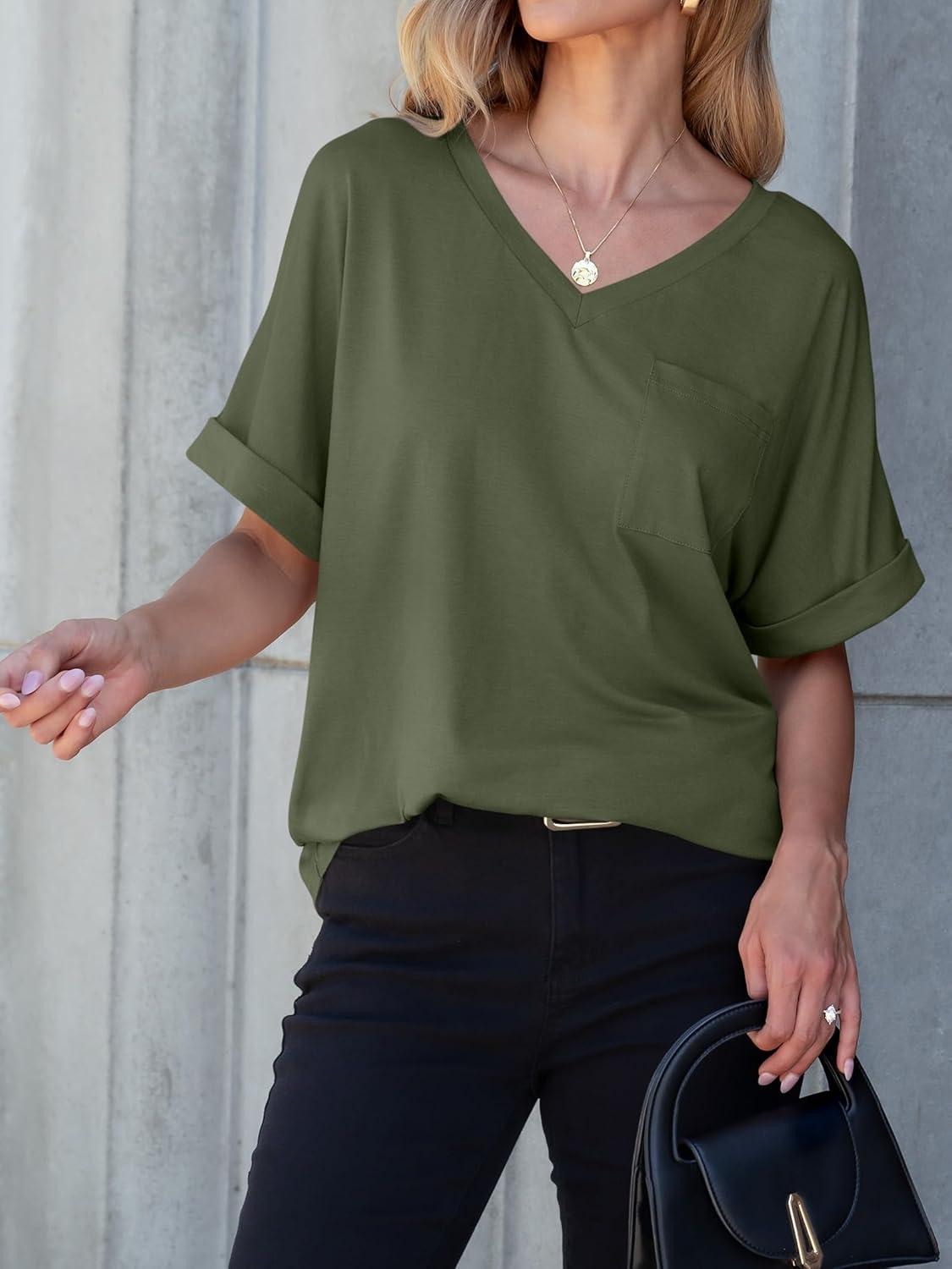imageANRABESS Women T Shirts Oversized Short Sleeve V Neck 2025 Summer Casual Loose Tops Basic Tee Shirts Outfits with PocketArmy Green