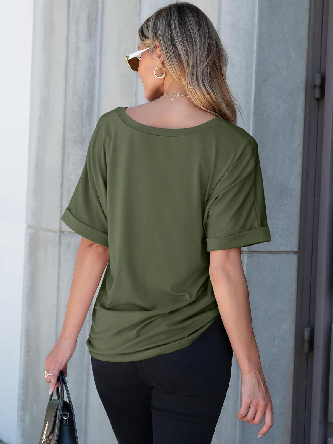 imageANRABESS Women T Shirts Oversized Short Sleeve V Neck 2025 Summer Casual Loose Tops Basic Tee Shirts Outfits with PocketArmy Green