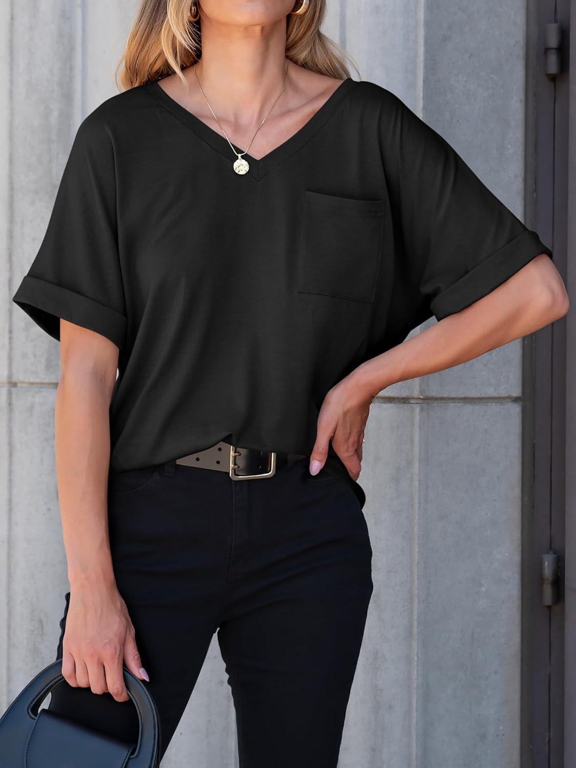 imageANRABESS Women T Shirts Oversized Short Sleeve V Neck 2025 Summer Casual Loose Tops Basic Tee Shirts Outfits with PocketBlack