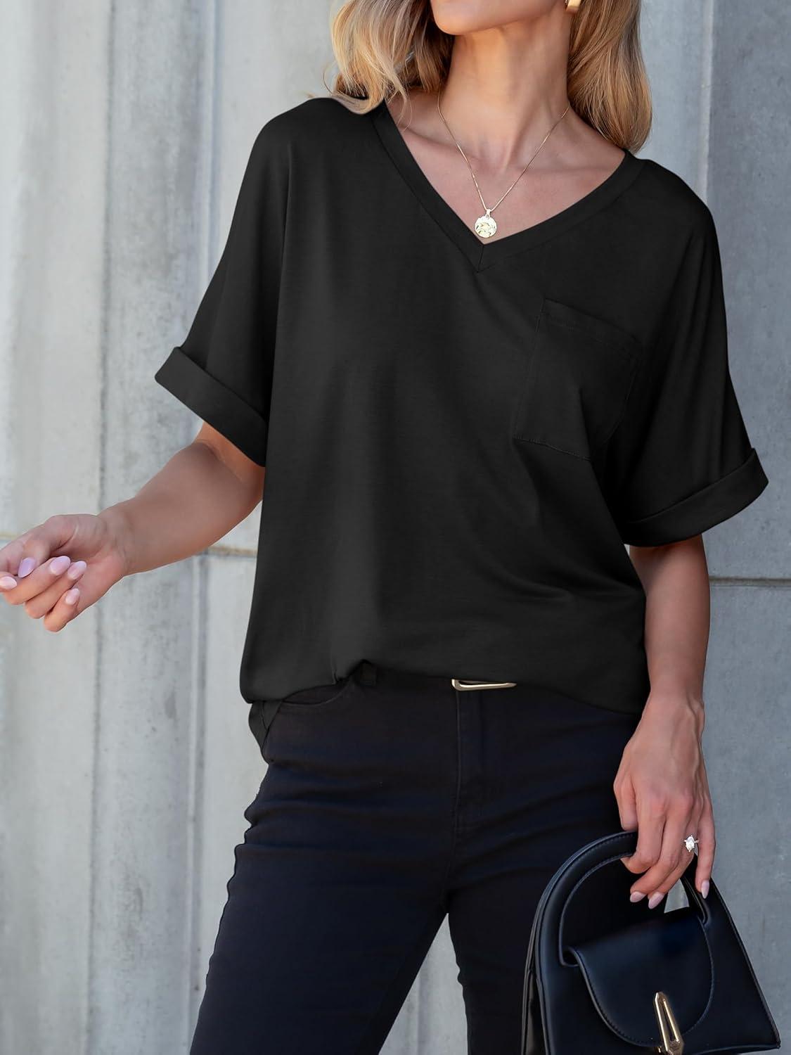 imageANRABESS Women T Shirts Oversized Short Sleeve V Neck 2025 Summer Casual Loose Tops Basic Tee Shirts Outfits with PocketBlack