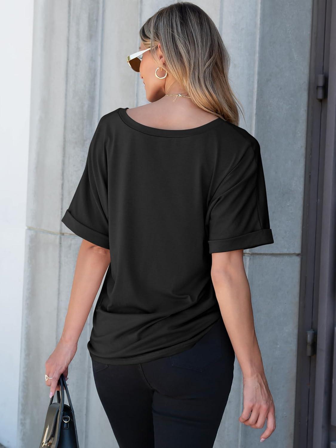 imageANRABESS Women T Shirts Oversized Short Sleeve V Neck 2025 Summer Casual Loose Tops Basic Tee Shirts Outfits with PocketBlack