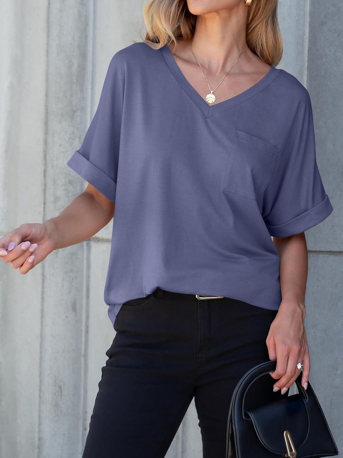 imageANRABESS Women T Shirts Oversized Short Sleeve V Neck 2025 Summer Casual Loose Tops Basic Tee Shirts Outfits with PocketBlue Purple