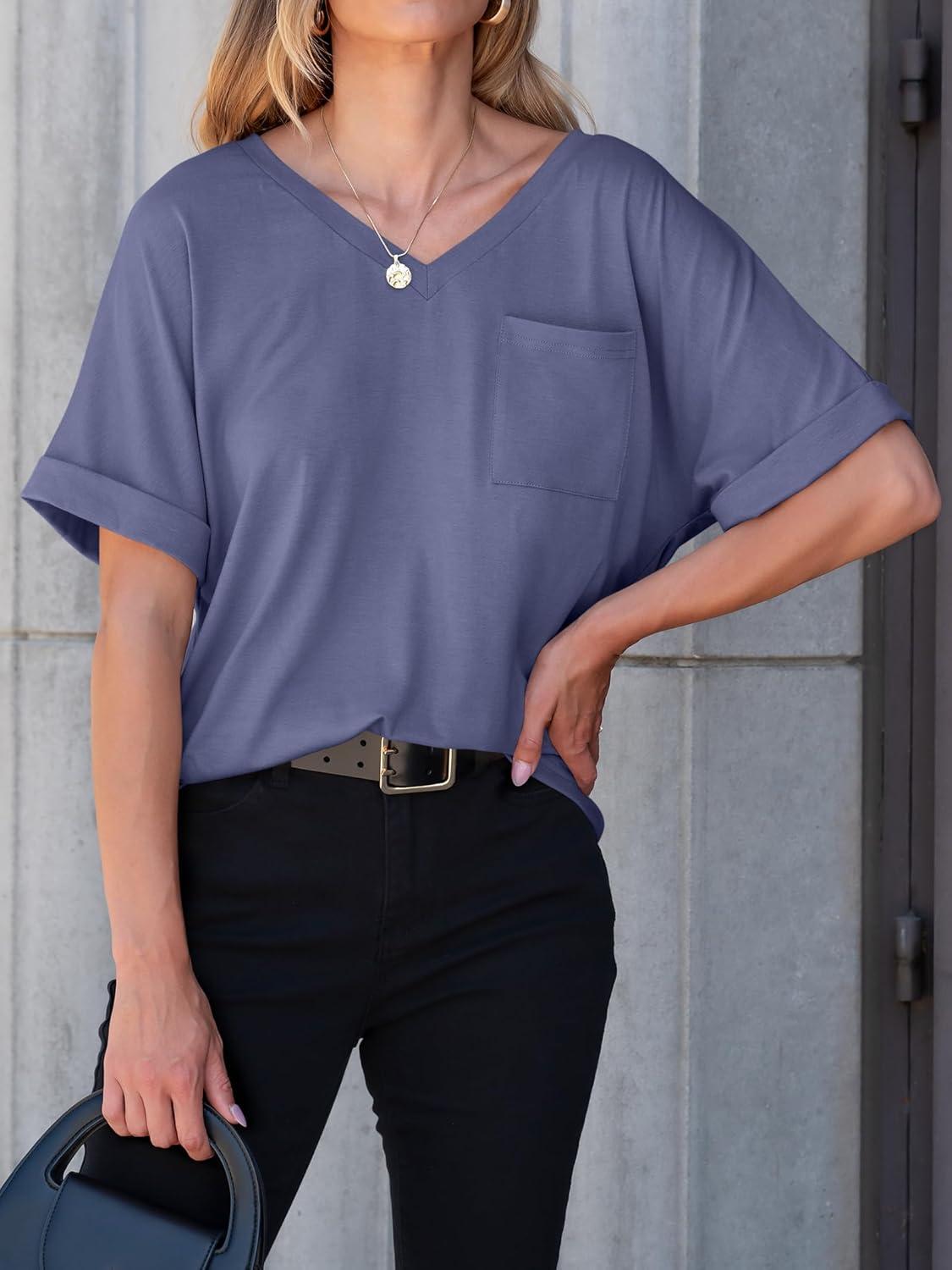 imageANRABESS Women T Shirts Oversized Short Sleeve V Neck 2025 Summer Casual Loose Tops Basic Tee Shirts Outfits with PocketBlue Purple