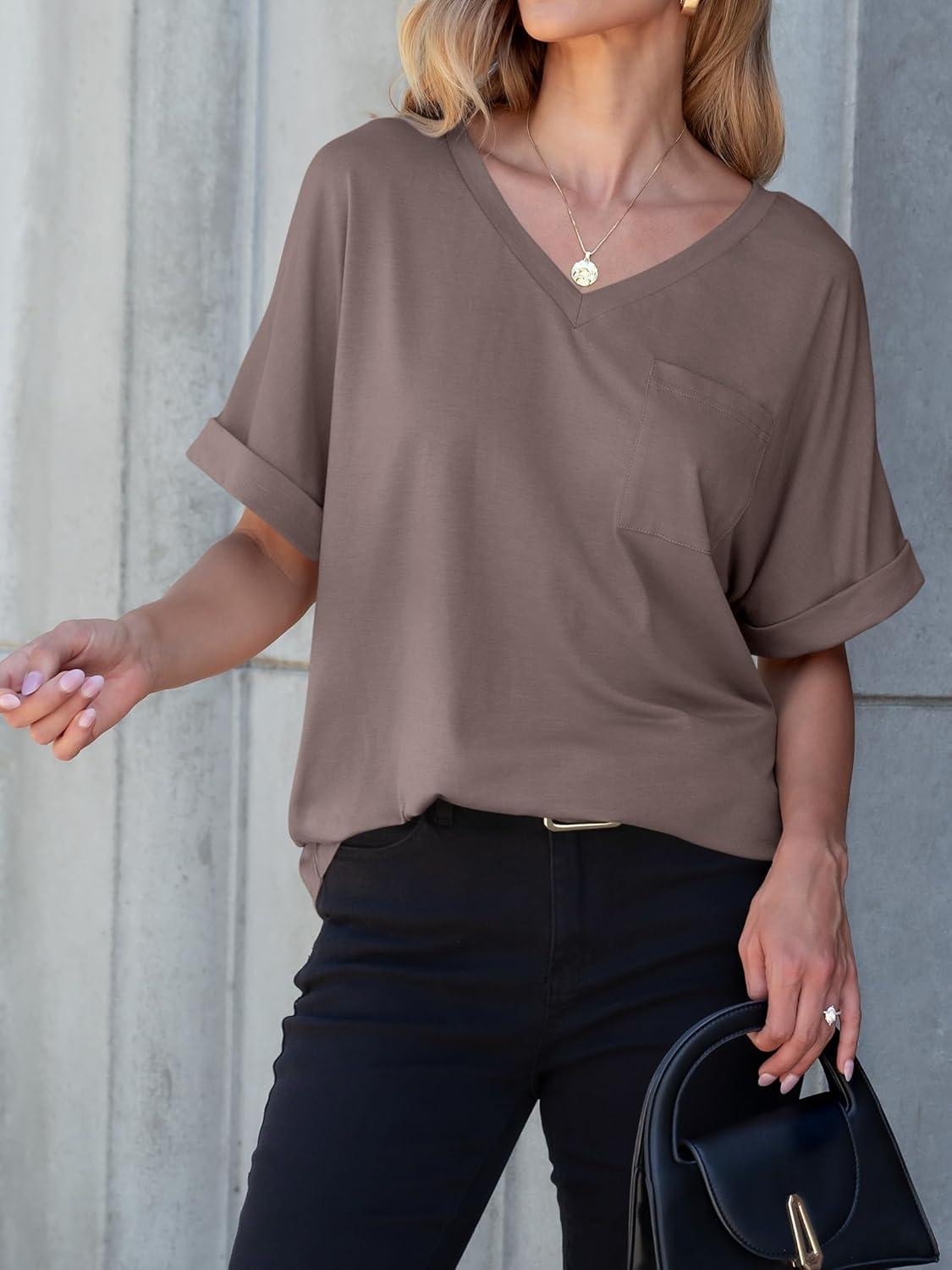 imageANRABESS Women T Shirts Oversized Short Sleeve V Neck 2025 Summer Casual Loose Tops Basic Tee Shirts Outfits with PocketBrown