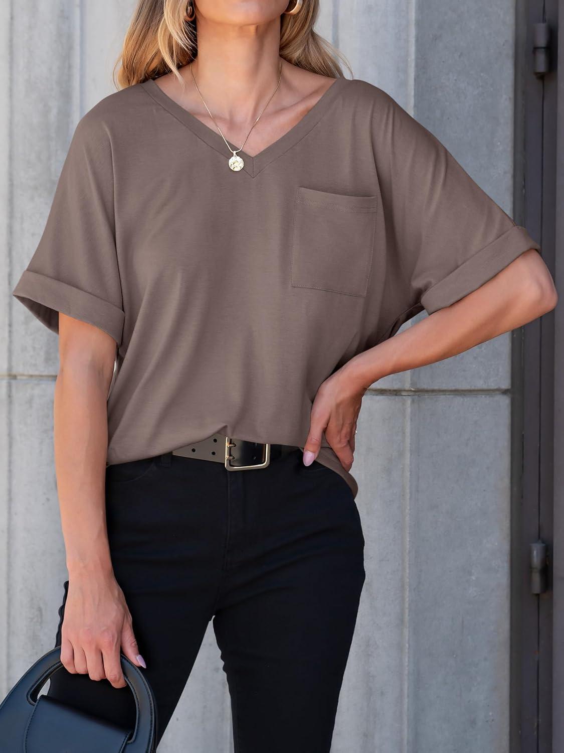 imageANRABESS Women T Shirts Oversized Short Sleeve V Neck 2025 Summer Casual Loose Tops Basic Tee Shirts Outfits with PocketBrown