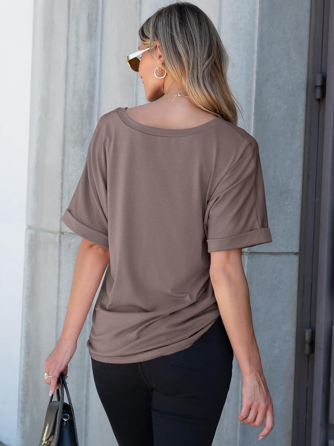 imageANRABESS Women T Shirts Oversized Short Sleeve V Neck 2025 Summer Casual Loose Tops Basic Tee Shirts Outfits with PocketBrown