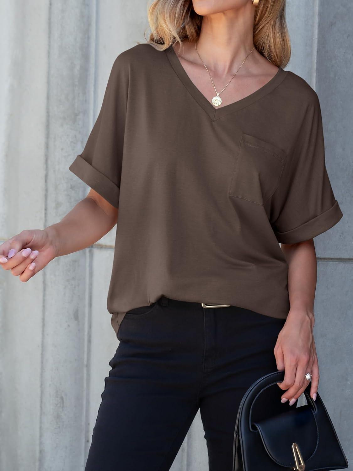 imageANRABESS Women T Shirts Oversized Short Sleeve V Neck 2025 Summer Casual Loose Tops Basic Tee Shirts Outfits with PocketDark Brown