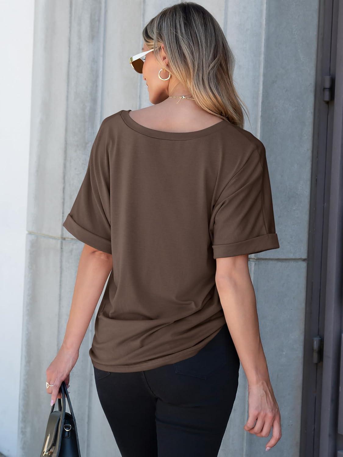 imageANRABESS Women T Shirts Oversized Short Sleeve V Neck 2025 Summer Casual Loose Tops Basic Tee Shirts Outfits with PocketDark Brown